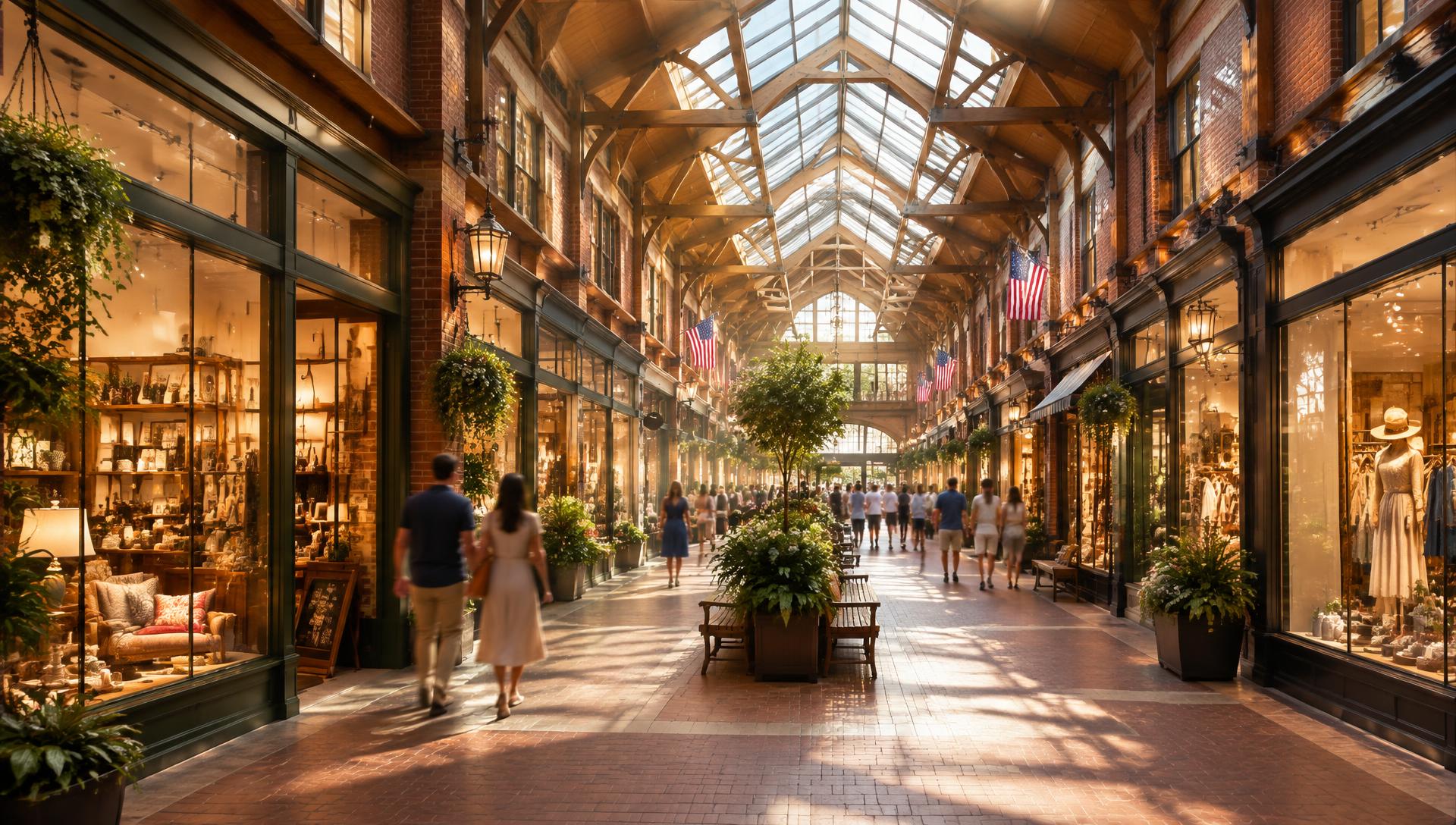 A sunlit shopping arcade concourse